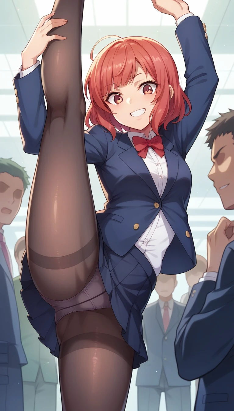 Maki Nishikino、One Girl, Five Fingers, mini skirt, Looking down at the viewer,, Highest quality, Focus on the thighs, Dynamic pose, smile, blazer, blouse, Black Pantyhose, panties under pantyhose, Standing Split, Stylish pose,My thighs and groin are steamy 、crowd