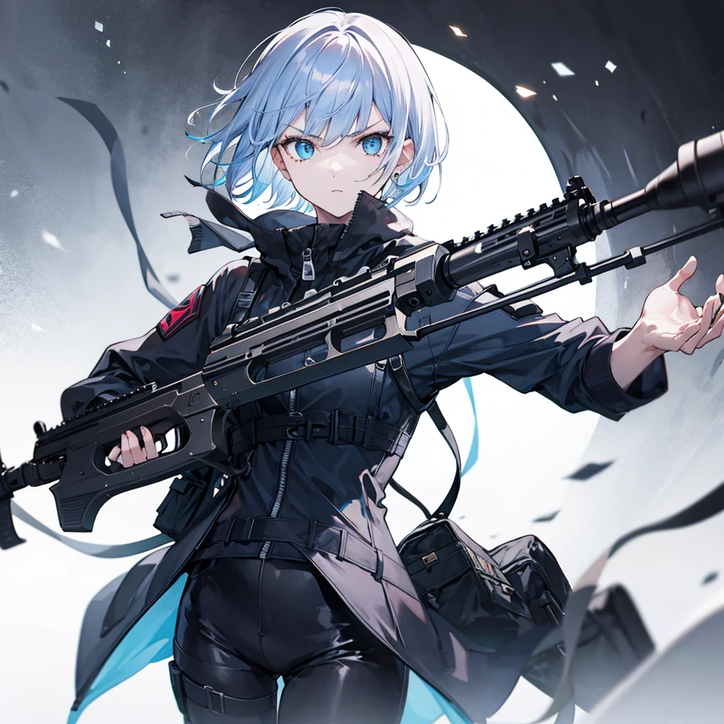girl with a gun in her hands , tactical clothes , short hair , serious face .