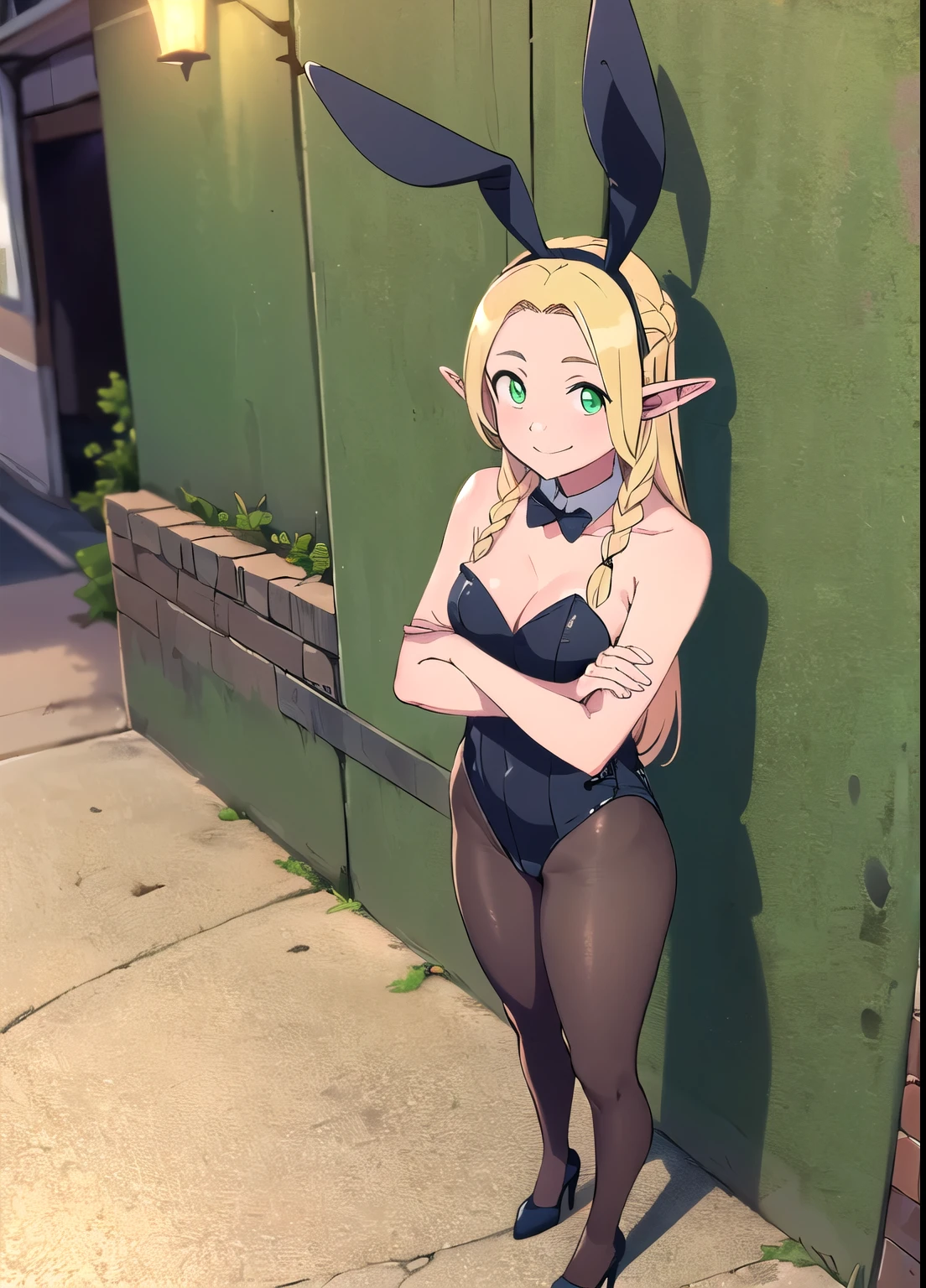 (best quality), (highly detailed), (masterpiece), (1girl), (Marcille_Donato_DungeonMeshi), blonde hair, long hair, twin braids, elf, pointy ears, green eyes, smile, (skinny body: 1.2), (thin legs: 1.2), (black playboy bunny), (black fake rabbit ears), (black pantyhose), (black high-heels), stand against the wall, crossed arms, full body, from above, night, neon lights, city, Outdoor