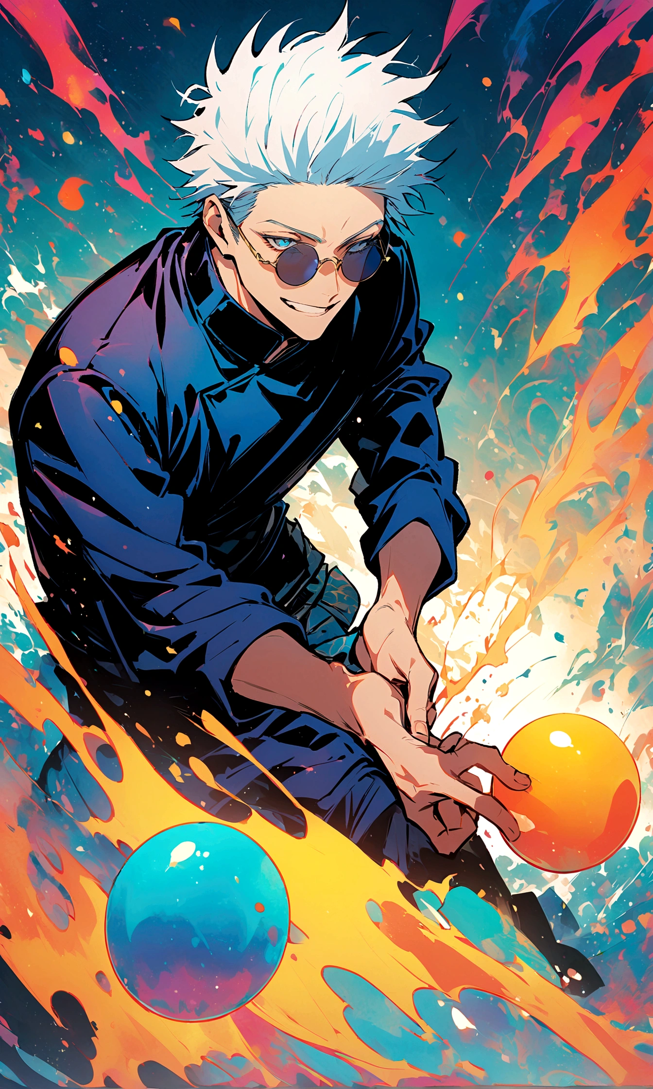 (One boy,gojou satora,JUJUTSU KAİSEN),black round lens sunglasses,artwork