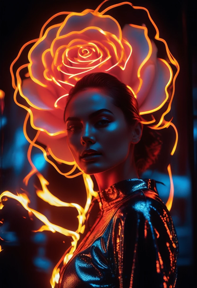 a woman with a neon rose on fire, flawless skin, whimsical photography style, photo captured by an Arriflex 35BL camera using Canon K25 prime lenses, cinematic, dramatic lighting, ultra clear, breathtaking surreal masterpiece. sensual pose