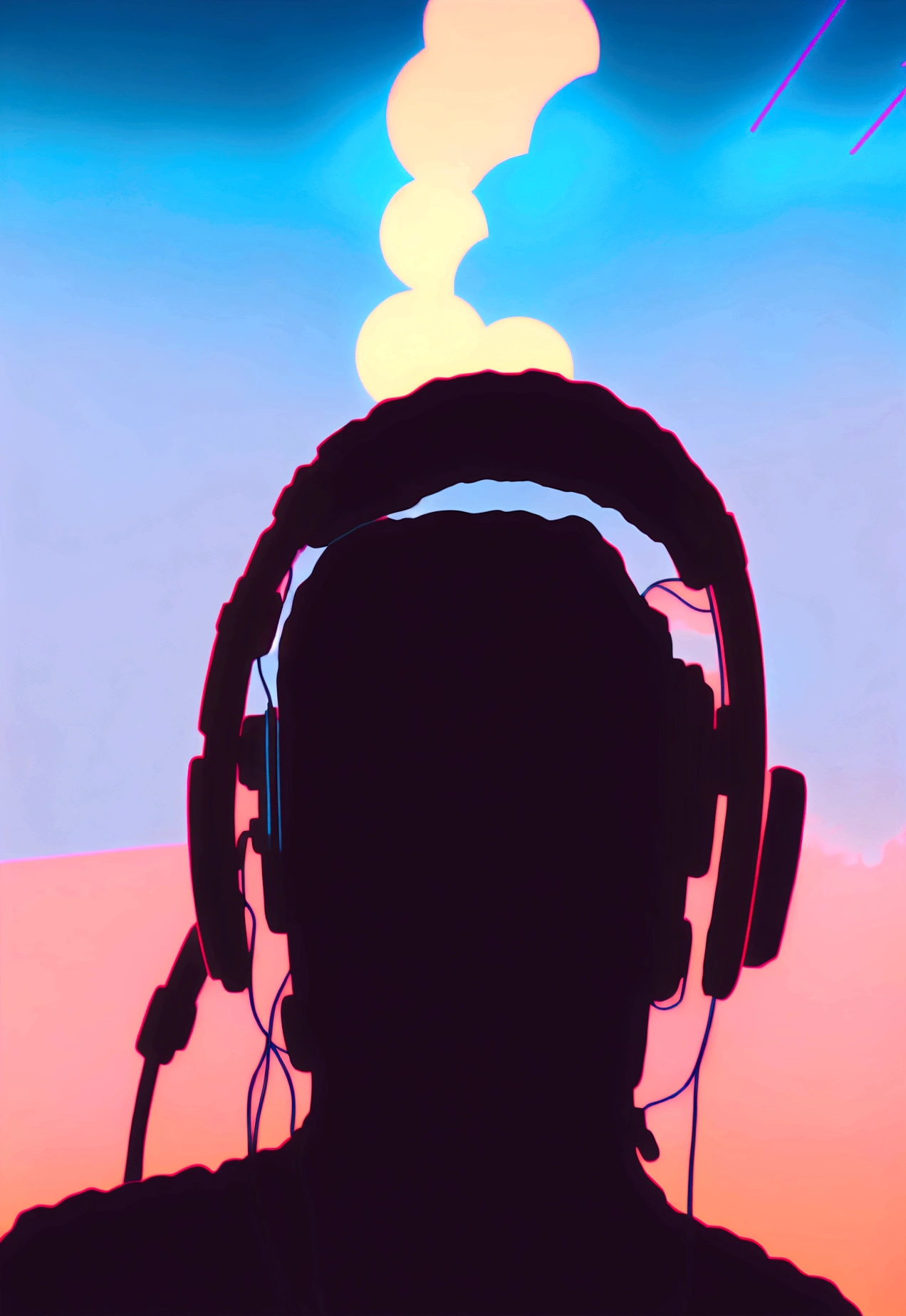 a close up of a person wearing headphones in front of a city, lofi portrait, lofi artstyle, ( ( ( synthwave ) ) ), procreate illustration, synthwave art style ]!!, [ synthwave art style ]!!, synthwave inspired, [ synthwave art style ]!! ]!!, synthwave art style, (synthwave)