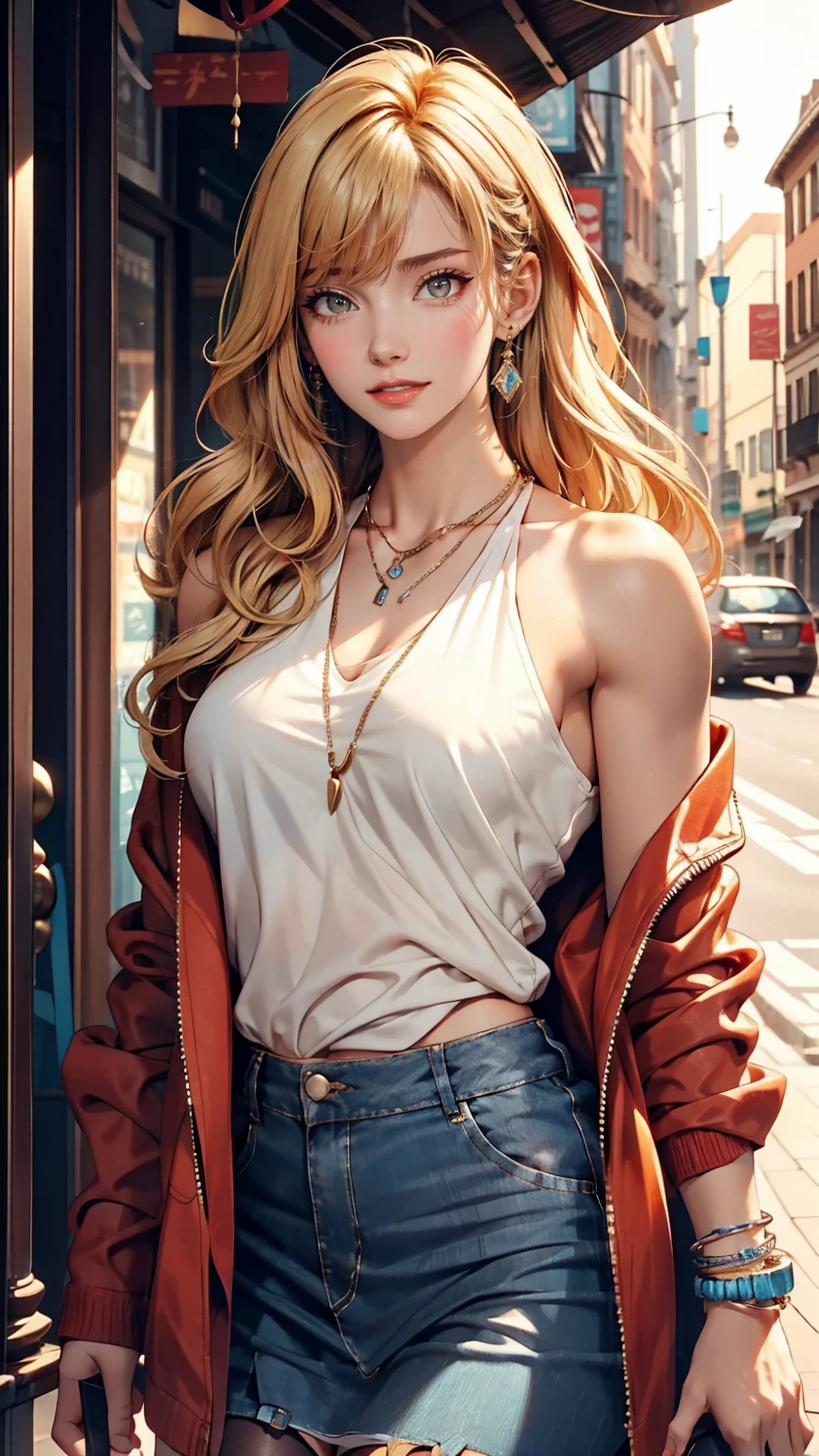22 year old Caucasian female、hair color is blonde、blue eyes、Long Hair、The tips of the hair are wavy、Her hair is cut in a bob with bangs..、Wrist Accessories、Wear a necklace、Wearing earrings、Skin is smooth、red tint、A slim but muscular body、tall、smile、High resolution、She is wearing a high neck/Wearing a halter top under her jacket.、I'Wearing a mini pleated skirt、I'Punch in the chest、Wearing black stockings、Wearing high heels、Sitting on the city steps, Crossing your legs、Erotic look、