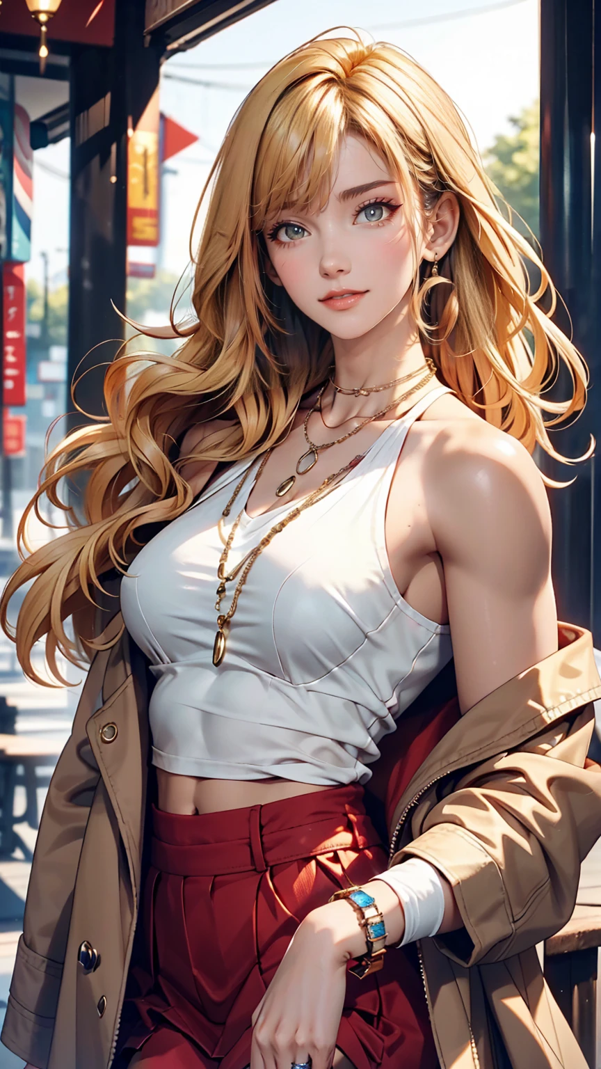22 year old Caucasian female、hair color is blonde、blue eyes、Long Hair、The tips of the hair are wavy、Her hair is cut in a bob with bangs..、Wrist Accessories、Wear a necklace、Wearing earrings、Skin is smooth、red tint、A slim but muscular body、tall、smile、High resolution、She is wearing a high neck/Wearing a halter top under her jacket.、I&#39;Wearing a mini pleated skirt、I&#39;Punch in the chest、Wearing black stockings、Wearing high heels、Sitting on the city steps, Crossing your legs、Erotic look、