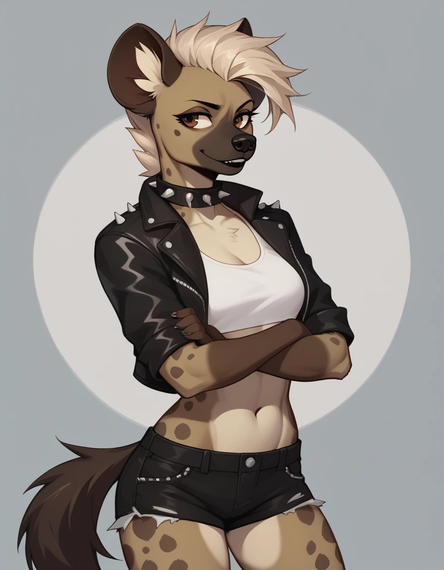 Solo, score_9,score_8_up,score_7_up, source_furry, Trisha, a tall female spotted hyena, brown snout, black nose, brown eyes, short spiked undercut platinum blonde hair, black lips, hyena tail, brown hyena ears, wearing black leather jacket, white crop top, black short shorts, arms crossed, spiked collar, soft shy-ish smile, abstract grey background, 