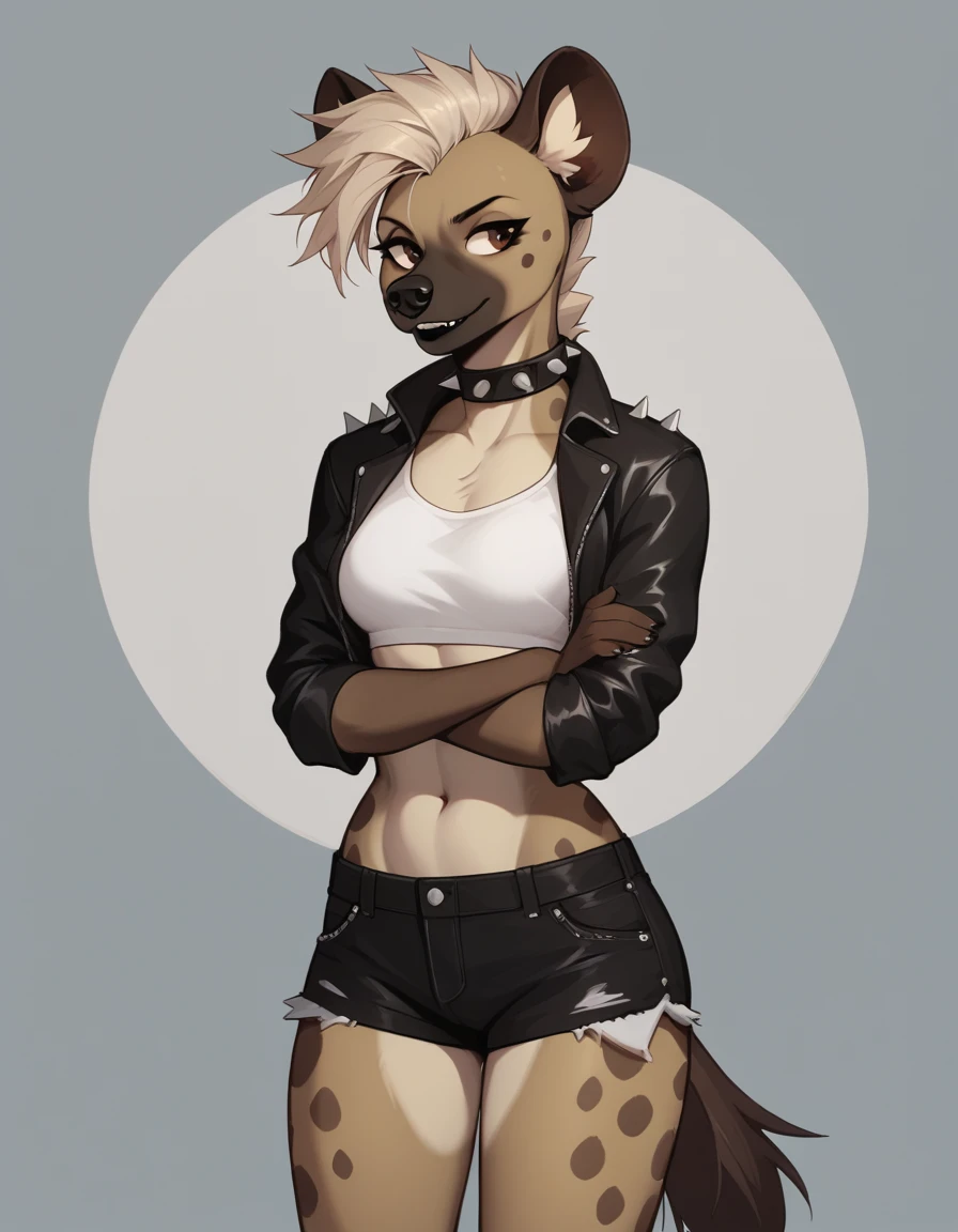 Solo, score_9,score_8_up,score_7_up, source_furry, Trisha, a tall female spotted hyena, brown snout, black nose, brown eyes, short spiked undercut platinum blonde hair, black lips, hyena tail, brown hyena ears, wearing black leather jacket, white crop top, black short shorts, arms crossed, spiked collar, soft shy-ish smile, abstract grey background, 