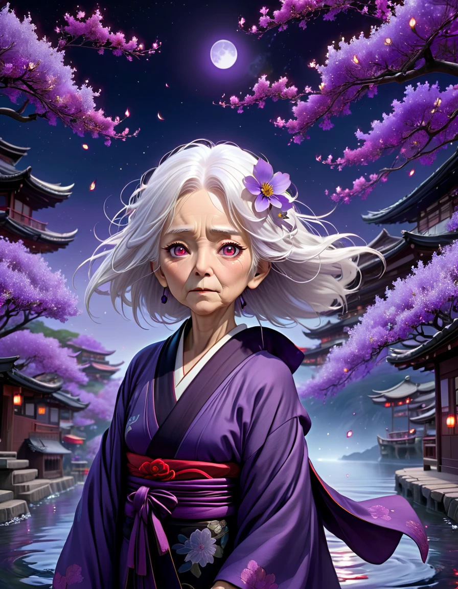 absurd, high resolution, ultra detailed, high resolution, masterpiece, best quality, white hair, yubaba, expressive red eyes, spirited away, alone, big old woman, black scarf, purple kimono, water, purple moon, purple flowers, purple flower, fantasy, firefly,