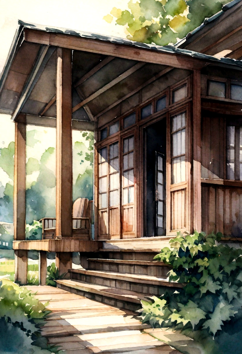 large house with veranda in the countryside, watercolor