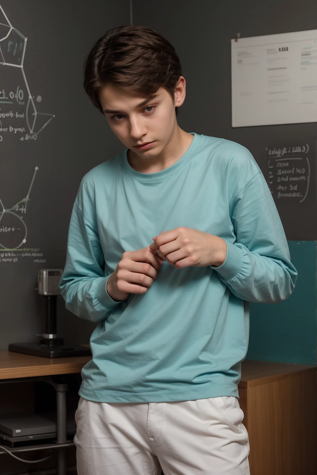 A beautiful young male twink with a face with reddish makeup. He has black hair. He is wearing a white, long-sleeved shirt and aqua blue pants. He is in his scientific office, and behind him is a blackboard on which is written the shape of the brain and its anatomy, accurately and in detail. He looks in amazement and shock He looks on proudly