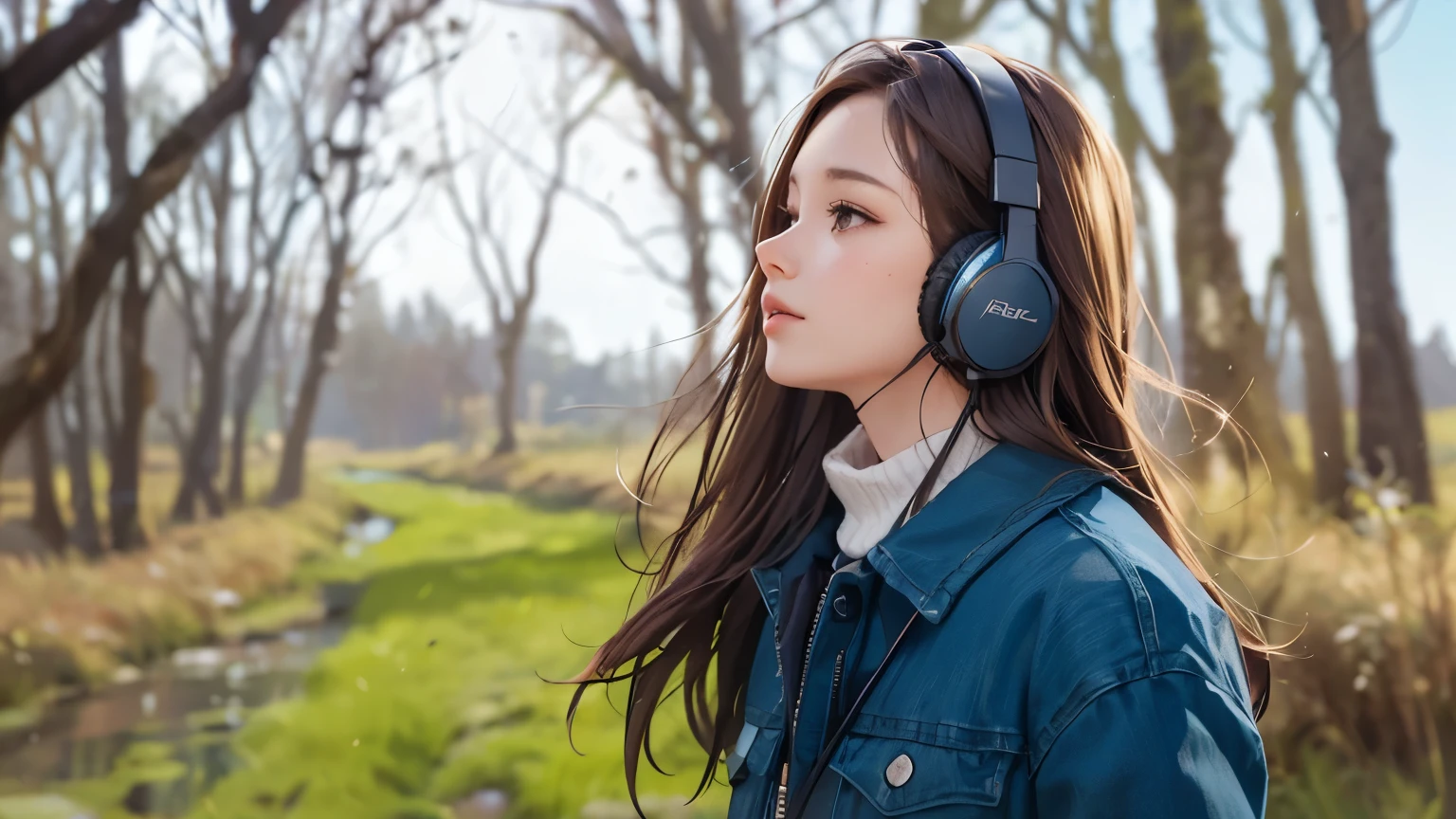 arafed woman With headphones looking at a path in a forest, Background artwork, girl Wearing headphones, Realistic cute girl drawing, Realistic art style, With headphones, High-quality portraits, Beautiful digital illustrations, Beautiful digital art, Digital anime illustration, Wearing headphones, Portrait of Rofi, listen to music, Fan art, Anime Style 4k, Realistic art style