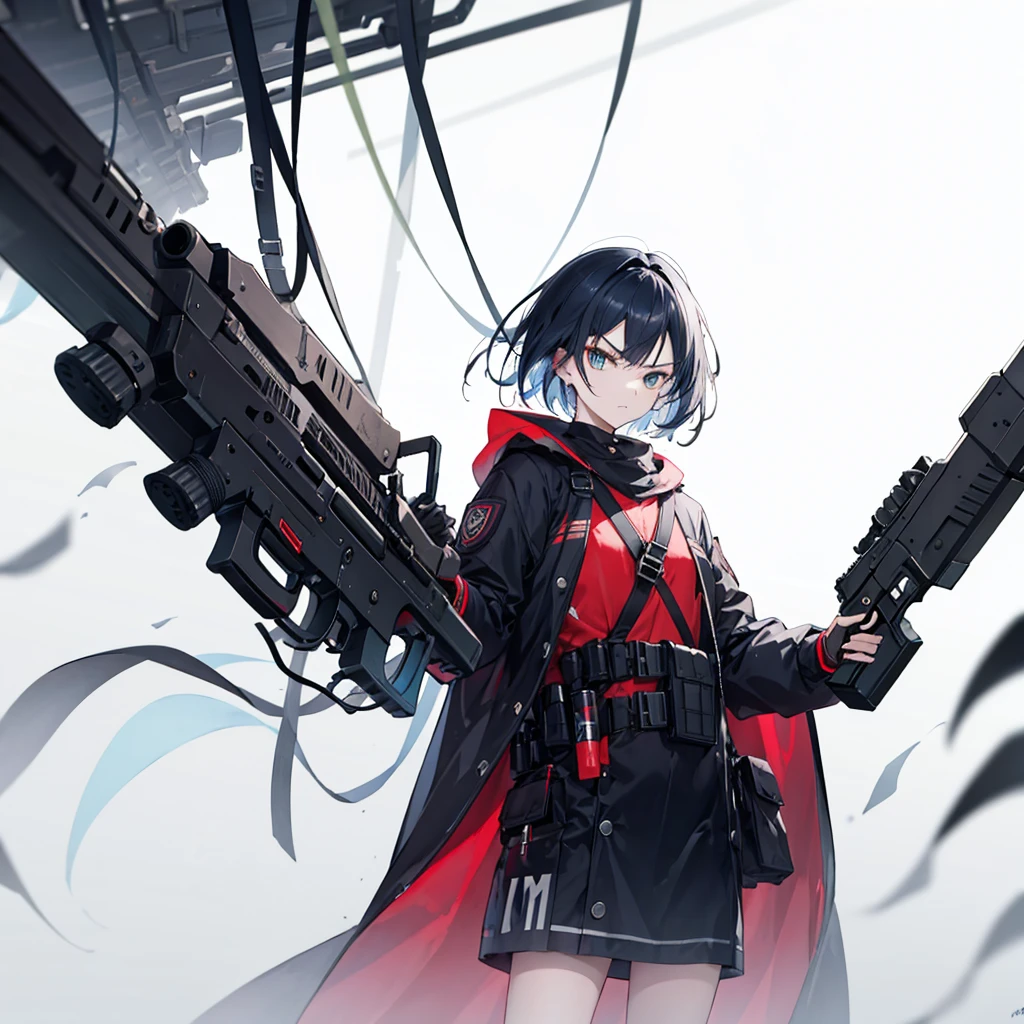 girl with a gun in her hands , tactical clothes , long cloak , short hair , serious face . Best quality