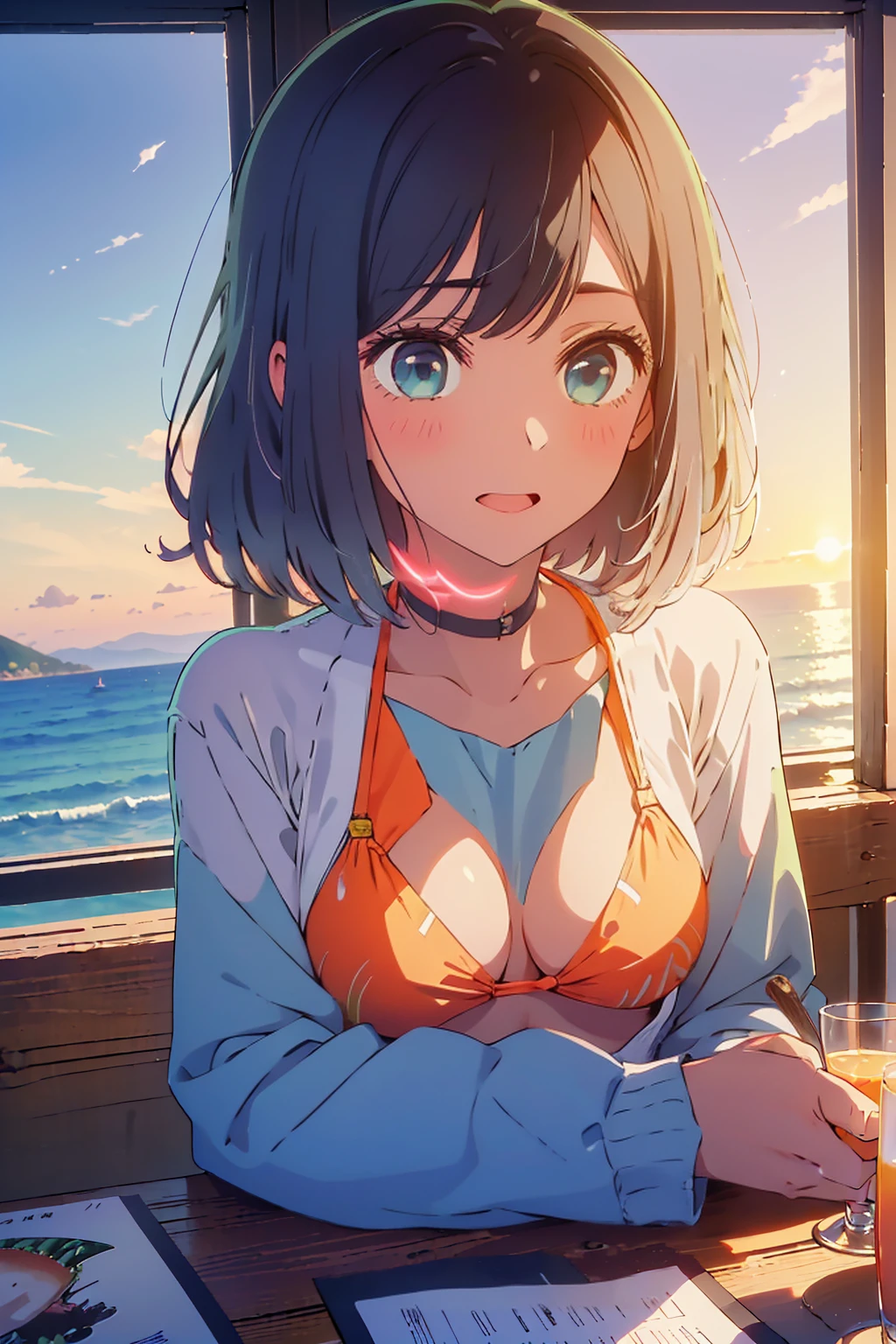 (Highest quality:1.4、masterpiece:1.4、Super detailed:1.4、8K:1.4)、Slim body、((((1 person、Surprised expression、sit、Outdoor café terrace、coastal、juice、table、Sandy Beach、bikini、juiceのグラスを持つ、Big eyes、Shallow depth of field、Very cute face))))、(((sunset、Sunset)))、(((bikiniを脱ぐ)))、F cup bust、Big Breasts、Get up close and take a photo