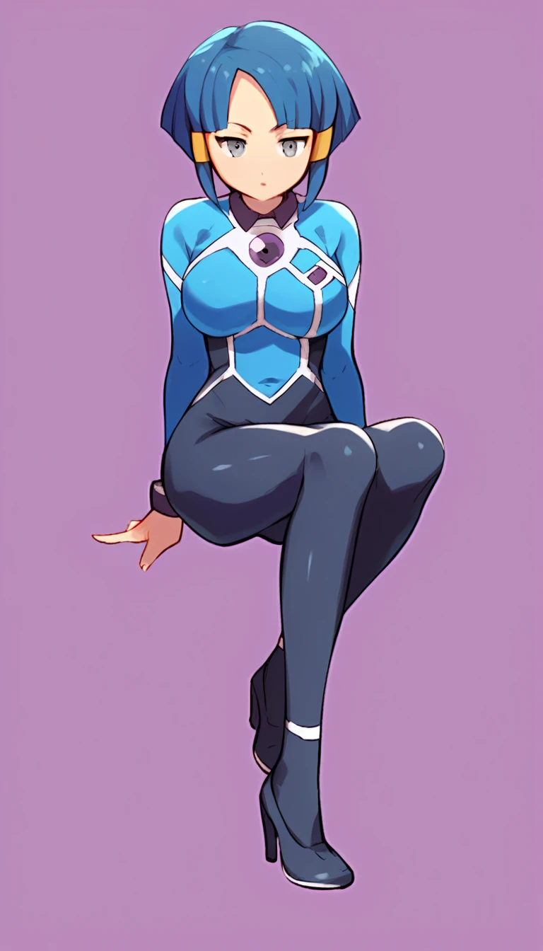 best quality,ultra detailed,solo,score_9, score_8_up, score_7_up, score_6_up, score_5_up, score_4_up, source_anime, 1girl, clara, blue hair, hair tubes, grey eyes, bodysuit,big breasts, sexy pose, (front view,portrait),full body,heavenly ass, heavenly breasts, big ass, no shoes, wearing black heels, upset, cute, face, long legs, tight bodysuit, tight sleeves, black bodysuit, half-closed eyes, backside, purple core, charging kick