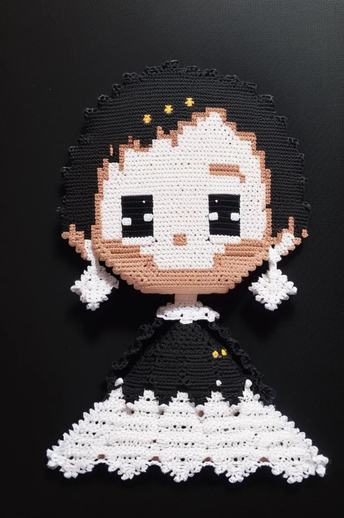 Create pixel art with a black background and name "UP" white crochet