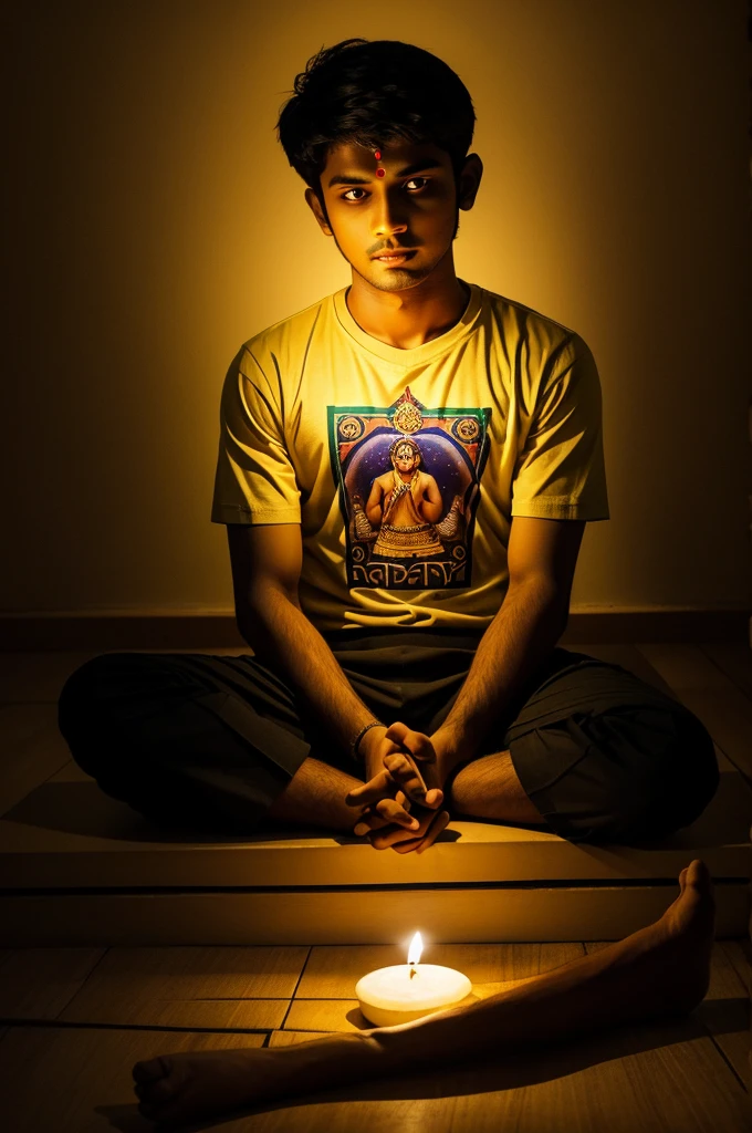 create a 3d image of 23 years old bangladeshi devotional boy who is sitting alone and krishna ji protect him for every hard situation, they both are in dark room, boy wearing t-shirt name Ridoy and background was dark