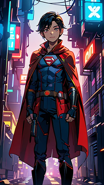 best quality,masterpiece,1boy,solo,(((ars old)japanese boy,an extremely cute and handsome boy,highly detailed beautiful face and eyes,petit,cute face,lovely face,baby face,shy smile,show teeth, Black hair,Short hair,flat chest,skinny,slender,(((wearing a Superboy costume,red cape))),(((standing in Dark Midnight Neon Glow light Cyberpunk metropolis city))),he is looking at the viewer,