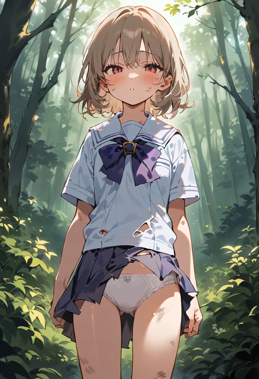 beautiful detailed girl,(masterpiece,best quality,extremely detailed:1.2),((cowboy shot:1.1)),(solo,,kawaii,slender,small breasts:1.25),(pained look:0.8),((white underwear) in ((Torn school uniform)):2),(dirty:2),blush,shy,weep,standing,(deep forest:1.5),(hug:0.4),rating: general, newest,Sexy face,(primitive:1.1)
