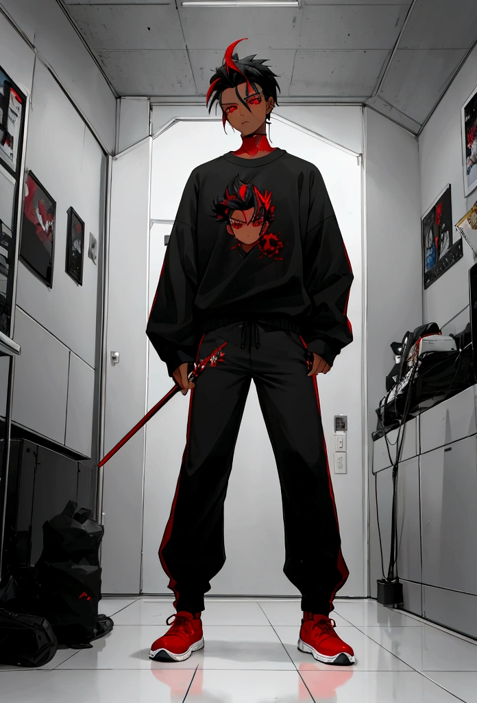 male character full body red eyes dark skin black hair with quiff sweatshirt with stick red lines on arms gray pants backgoud gamer room
