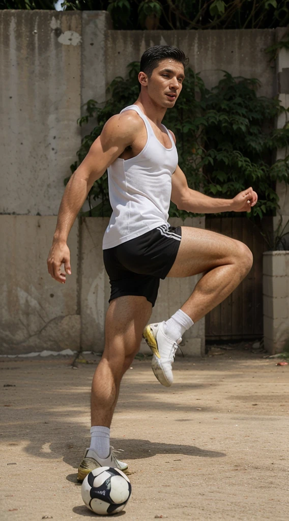  handsome guy, street football player, athletic build, Peruvian nationality, happy facial expression, in move, one leg is bent and kicks a soccer ball, one foot is on the ground, full length, semi profile, wearing a white sleeveless tank top and black shorts, Excellent quality, Photo, excellent dentalization, high quality 