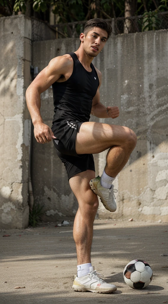 handsome guy, street football player, athletic build, Peruvian nationality, happy facial expression, in move, one leg is bent and kicks a soccer ball, one foot is on the ground, full length, semi profile, wearing a white sleeveless tank top and black shorts, Excellent quality, Photo, excellent dentalization, high quality