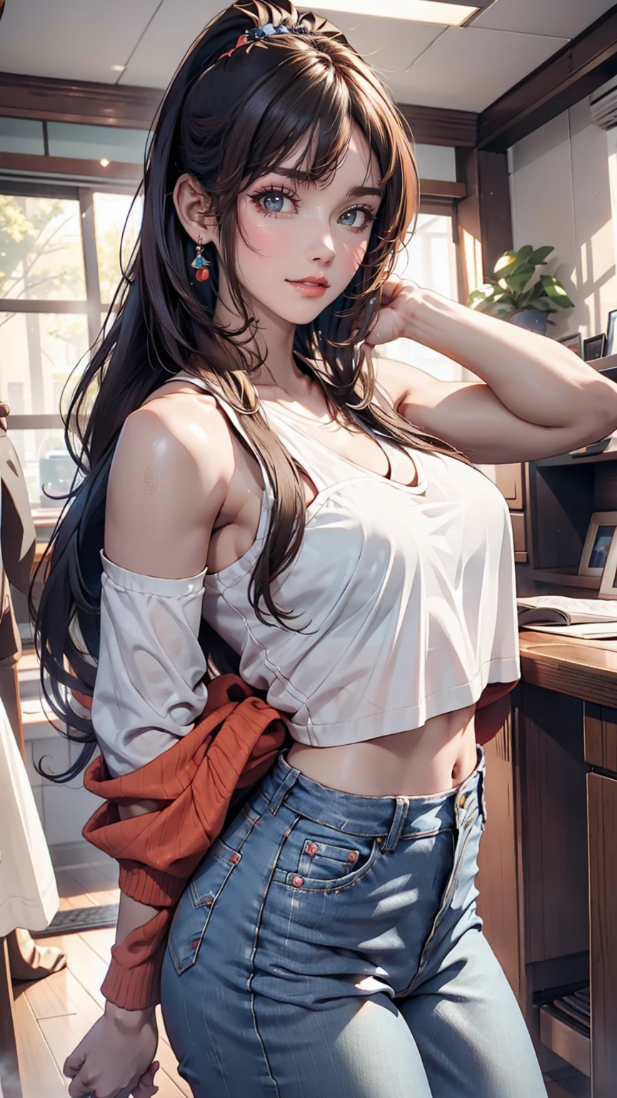 National Idol、18-year-old female、Sexy proportions、Sexy、Narrow waist、No sleeve、Skinny jeans、Pigtails