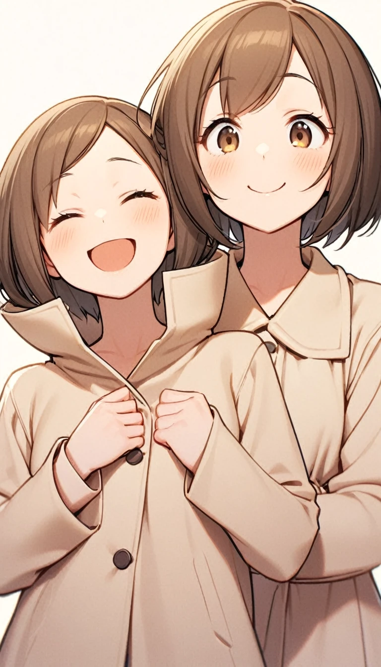 one person,Brown hair,big sister,Beige coat,Lazy,Smile,Half Body,one person,Natural facial expression,one person,short hair