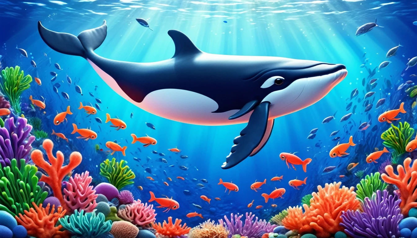 Create a 3-D Pixar style art scene for kids featuring a whale eating krill with lots of tiny shrimp-like creatures around it. The scene should be colorful and vibrant, with an ocean background, coral reefs, and schools of fish. The overall mood should be engaging and inviting for young children.