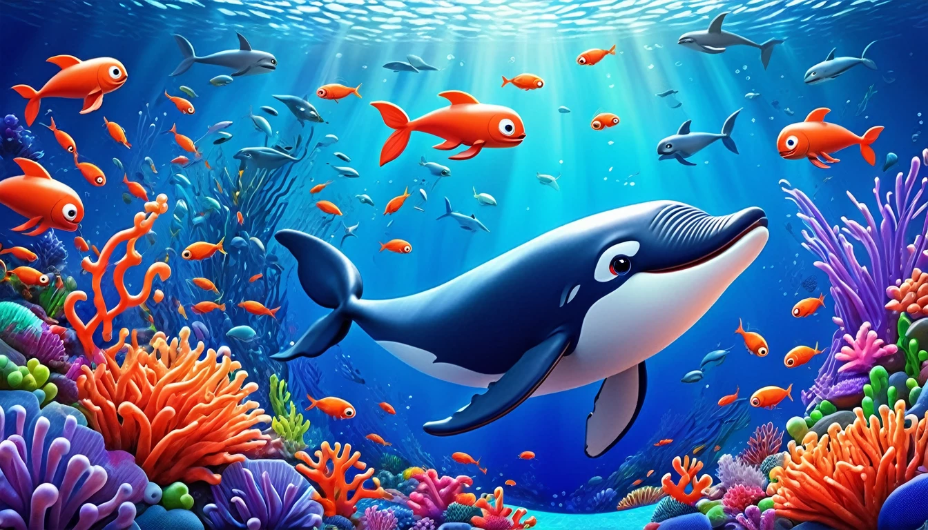 Create a 3-D Pixar style art scene for kids featuring a whale eating krill with lots of tiny shrimp-like creatures around it. The scene should be colorful and vibrant, with an ocean background, coral reefs, and schools of fish. The overall mood should be engaging and inviting for young children.