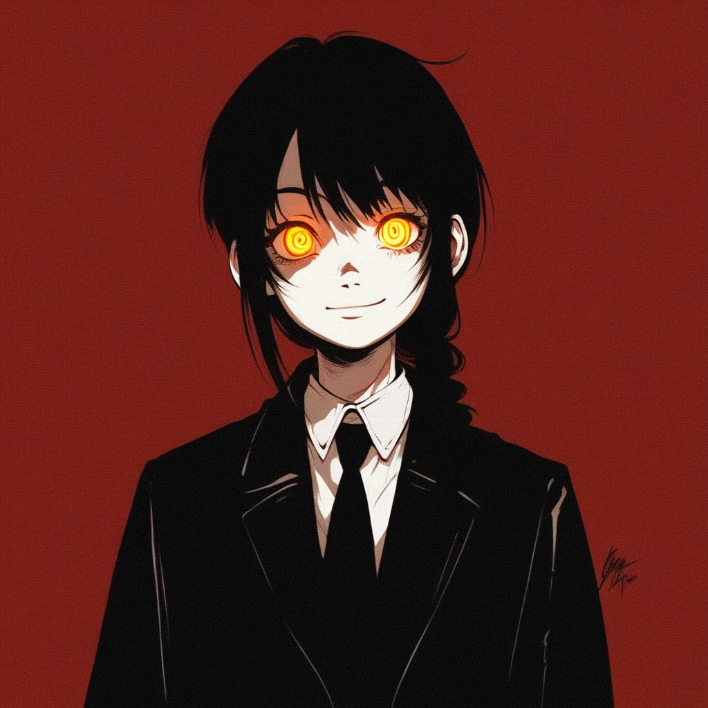 (score_9, score_8_up), score_7_up, score_6_up, score_5_up, score_4_up, Nayuta, 1girl, ringed eyes, black hair, yellow eyes, best quality, young, black coat, open coat, trench coat, white collar shirt, black necktie, black pants, black belt, red background, creepy, grain, blood on face, smile, medium hair, single braid, glowing eyes, dark theme, low light,