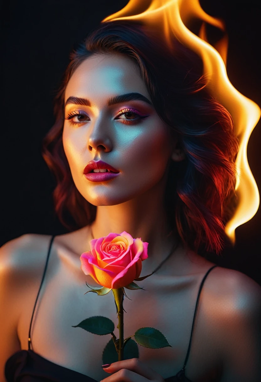 a woman with a neon rose on fire, flawless skin, whimsical photography style, photo captured by an Arriflex 35BL camera using Canon K25 prime lenses, cinematic, dramatic lighting, ultra clear, breathtaking surreal masterpiece. sensual pose