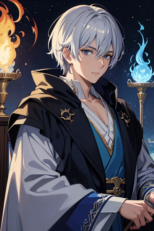 masterpiece, Highest quality, High resolution,Anime Style、Anatomically correct、Silver Hair、Short Hair、male、Wizard、Robe、magic、Blue Flame、With an ancient castle in the background、Upper body only