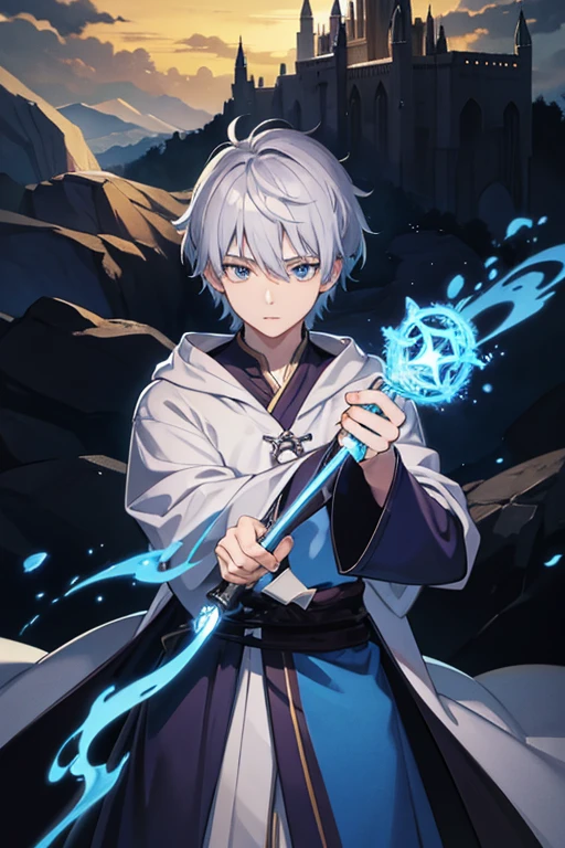 masterpiece, Highest quality, High resolution，Anime Style、Anatomically correct、Silver Hair、Short Hair、male、Wizard、Robe、magic、Blue flames fly around、With an ancient castle in the background、Upper body only