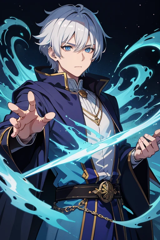 masterpiece, Highest quality, High resolution，Anime Style、Anatomically correct、Silver Hair、Short Hair、male、Wizard、Robe、magic、Blue flames fly around、With an ancient castle in the background、Upper body only
