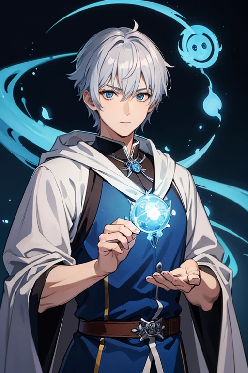 masterpiece, Highest quality, High resolution,Anime Style、Anatomically correct、Silver Hair、Short Hair、male、Wizard、Robe、magic、Blue Flame、With an ancient castle in the background、Upper body only