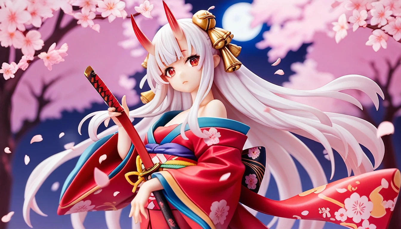 best quality,ultra detailed,extremely detailed and beautiful,perfect anatomy,perfect hands,(1 girl,solo)++++,heart-shaped boob challenge, (Nakiri Ayame)+++,red eyes,white hair,hair bell ,long hair,oni horns,Small breasts,(katana)+, japanese clothes,red kimono,kouhaku nawa,shimenawa ,( off shoulder)+++,Cherry blossom trees,(full moon),