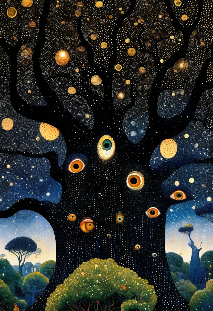Georges Seurat:Strange illustration,Pointillism method,Trypophobia,Building on tree tops,Eye,unrealistic,Strong visual impact,black background,Star
