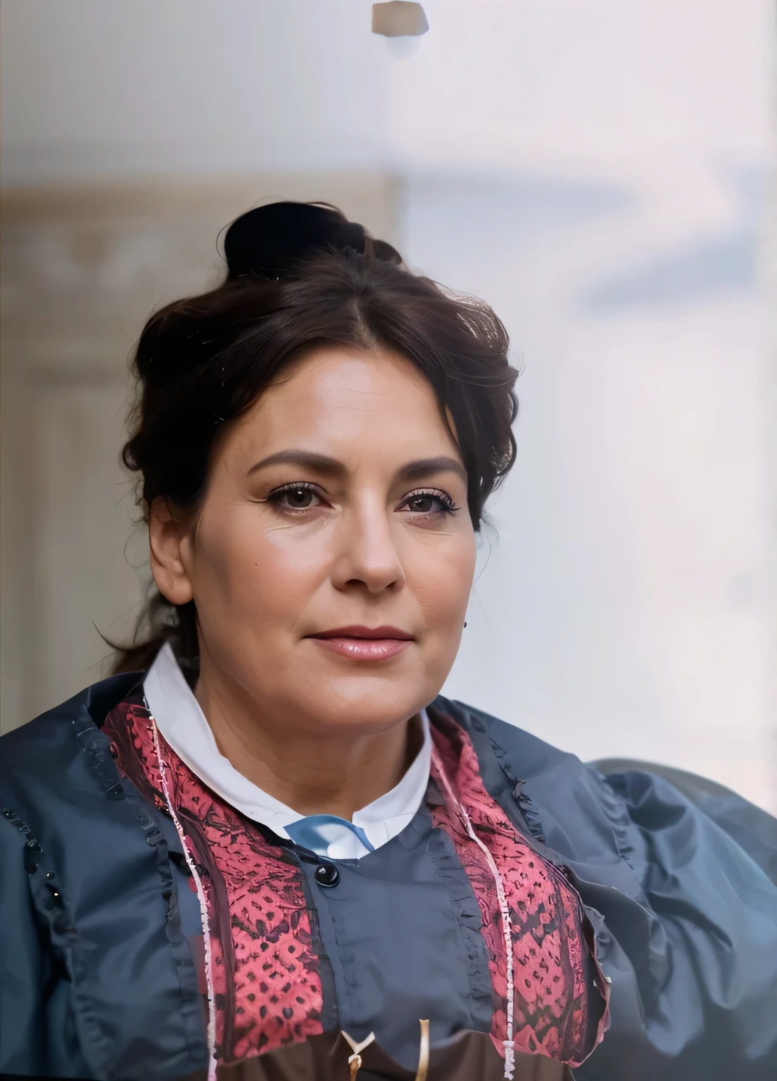 The 55-year-old woman with dark brown hair is wearing an old-fashioned dress that is very nice, detailed, clear, very focused, realistic. 8k