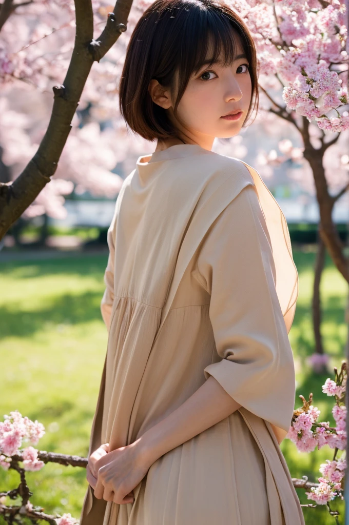 Ultra high resolution, masterpiece, best quality, super detailed, extremely delicate and beautiful, cinematic light, detailed environment, real, 8k, RAW photo, realistic, photo-realistic, extremely detailed, photography, amazing, finely detailed, solo, a 33-year-old Japanese female high school teacher, with short hair, full-body photograph, slight angry, sunlight casting soft shadows, standing in front of a cherry tree, Looking away