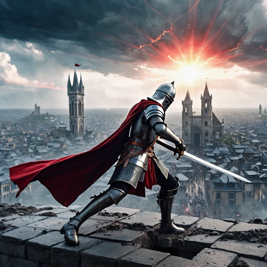 A knight destroying an entire city with his sword while the sky is tearing, slams his big sword into the ground, red eyes, epic, heroic, gorgeous, 8k , hd