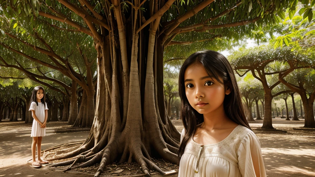 "Create an image of a young girl named Mira standing beneath the banyan tree. She has a kind and inquisitive expression, looking up in wonder at the angel. Mira should appear innocent and thoughtful, with a sense of awe in her eyes."