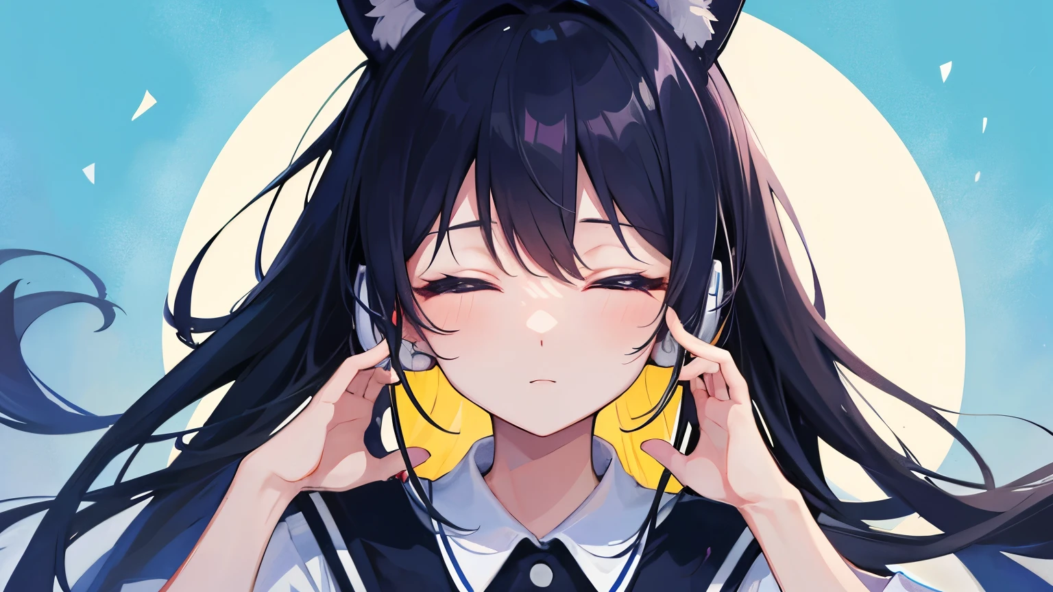 earphone、Both hands and ears、diagonal、Closing eyes、pull、One person
