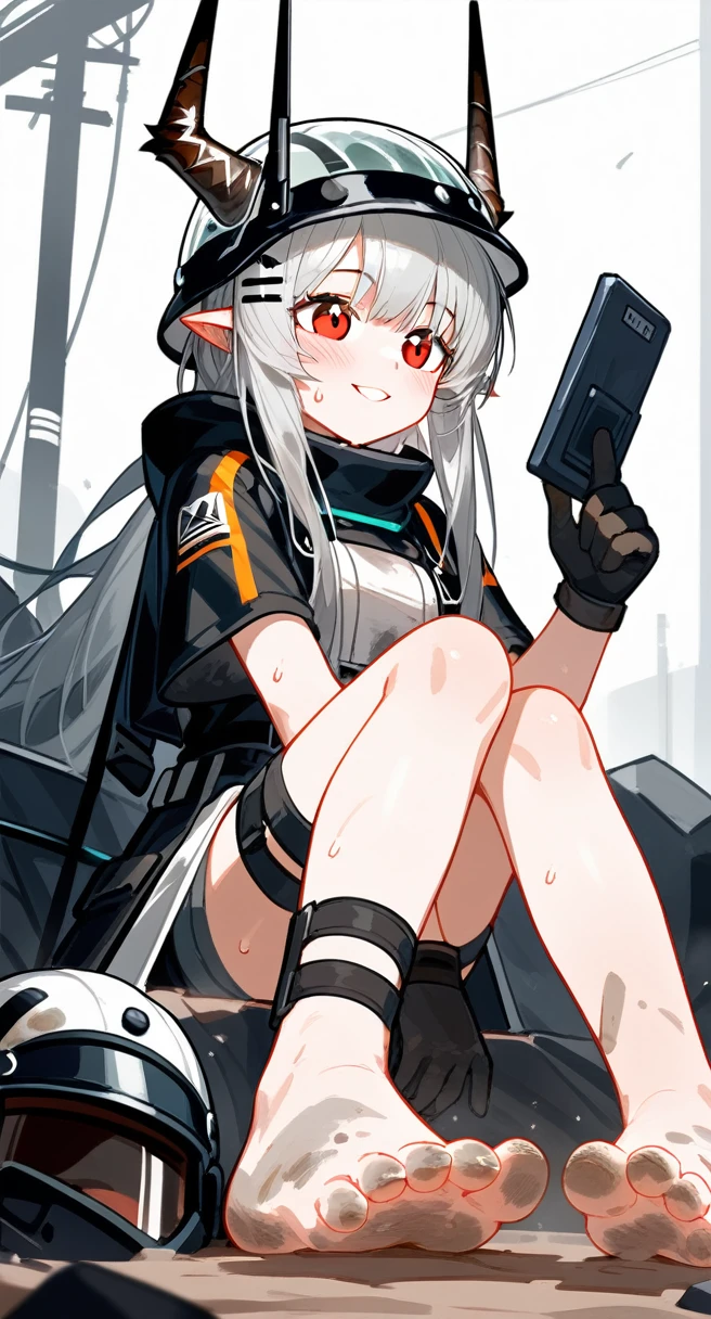 score_9,score_8_superior,score_7_superior,One girl,Mudstone (Arknights),dirty,feet,gloves,Helmet,horn,feet裏,Red eyes,裸feet,Pointed Ears,chest,alone,Long Hair,Gray Hair,black gloves,Toes,Helmet,feetのフォーカス,View your viewers,Sitting,Sweat,Part your lips,dirty feet,Holding,Outdoor,null,bangs,oripathy lesion (Arknights),Day,smile,blush,demon horn,infection monitor (Arknights),Shorthand,sun,
