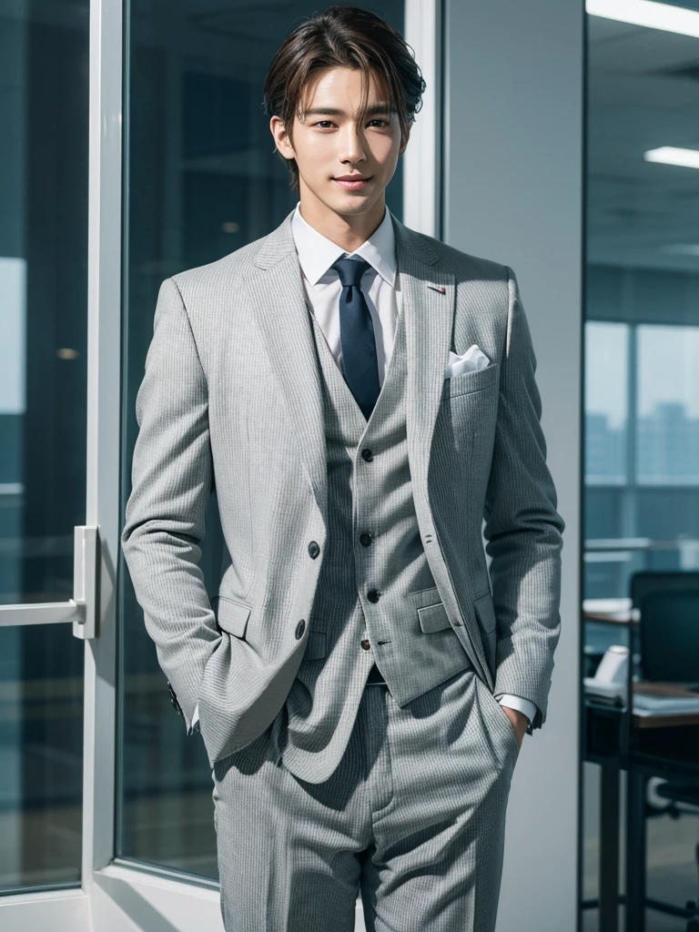 The 28-year-old refreshing and handsome employee has a smile on his face（real photos）(Natural light on face)、（Super handsome guy in S-class suit）、korean 28-year-old man、　merchant、suit、striped suit、Office floor-to-ceiling windows、　S class young handsome man standing in suit、（High-detail photos from CG Unity 8K）、（top quality）、Super detailed、（masterpiece）、　Ultra high quality、（masterpiece）、Ultra high quality、very beautiful hair、bright photos、As handsome as a model、As handsome as an idol、luxury watches. taking off one's top