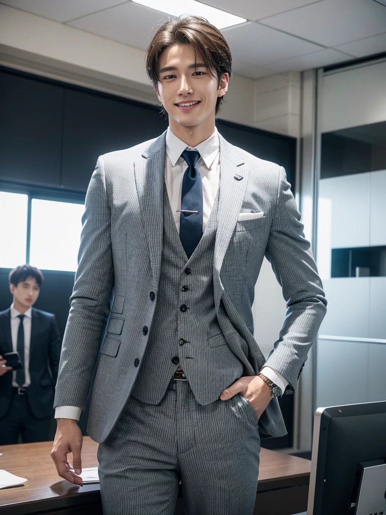 The 28-year-old refreshing and handsome employee has a smile on his face（real photos）(Natural light on face)、（Super handsome guy in S-class suit）、korean 28-year-old man、　merchant、suit、striped suit、Office floor-to-ceiling windows、　S class young handsome man standing in suit、（High-detail photos from CG Unity 8K）、（top quality）、Super detailed、（masterpiece）、　Ultra high quality、（masterpiece）、Ultra high quality、very beautiful hair、bright photos、As handsome as a model、As handsome as an idol、luxury watches. taking off one's top
