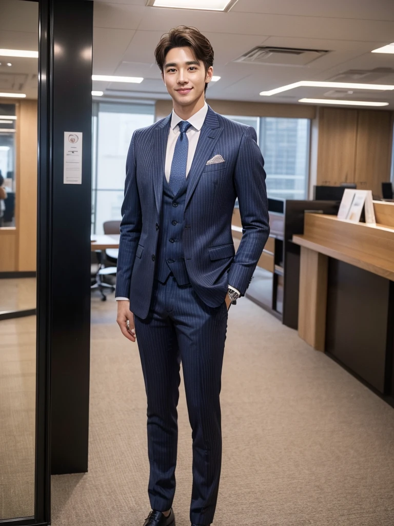 The 28-year-old refreshing and handsome employee has a smile on his face(real photos)(Natural light on face)、(Super handsome guy in S-class suit)、korean 28-year-old man、 merchant、suit、striped suit、Office floor-to-ceiling windows、 S class young handsome man standing in suit、(High-detail photos from CG Unity 8K)、(top quality)、Super detailed、(masterpiece)、 Ultra high quality、(masterpiece)、Ultra high quality、very beautiful hair、bright photos、As handsome as a model、As handsome as an idol、luxury watches. taking off one's top