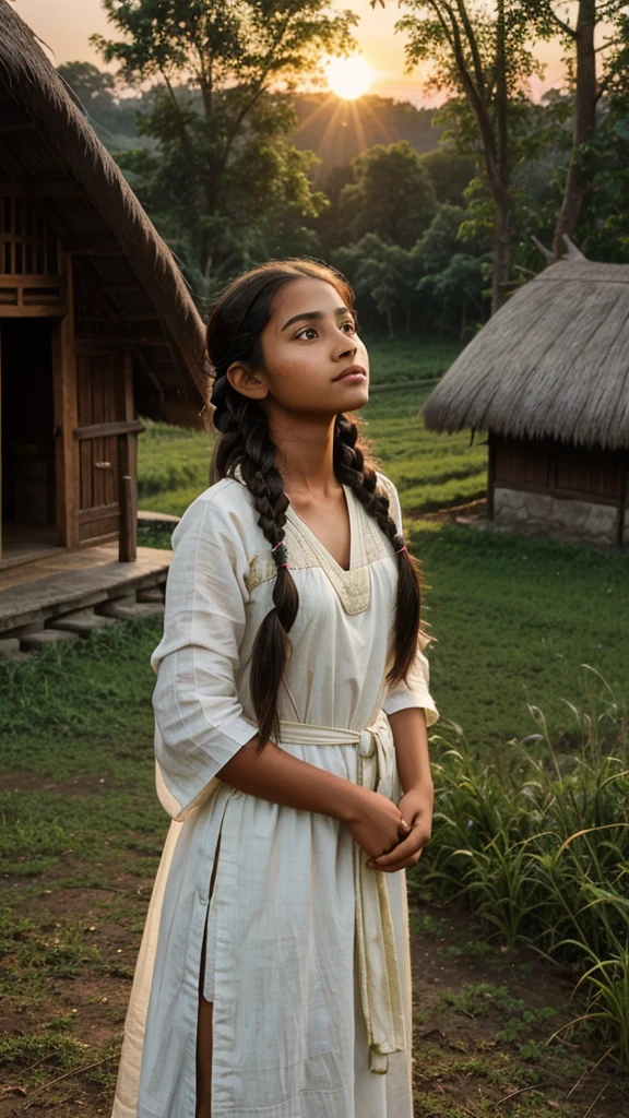 A curious young Indian girl with long dark hair in a braid, wearing simple traditional village clothing, stands at the edge of her rural village at dawn. She's looking up at the sky with wonder, one hand shielding her eyes from the rising sun. Behind her, thatched-roof houses and lush green fields are visible, with a forest in the distance. The girl's expression is a mix of determination and curiosity, symbolizing her quest for knowledge and her challenge to traditions. Soft, warm morning light bathes the scene, creating long shadows and giving it a dreamy, hopeful quality