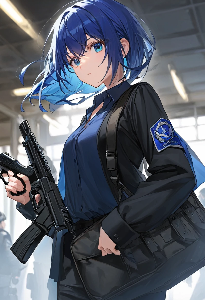 holding a gun black blouse bottom loose hair and a military blue chabel