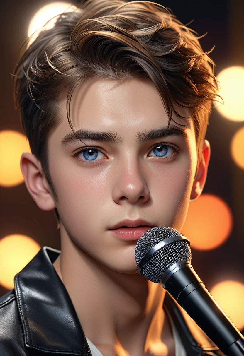 a handsome young boy facing the camera,half-naked upper body,beautiful detailed eyes,holding a microphone,black clothes,best quality,4k,8k,highres,masterpiece:1.2,ultra-detailed,realistic,photorealistic,photo-realistic:1.37,HDR,UHD,studio lighting,ultra-fine painting,sharp focus,physically-based rendering,extreme detail description,professional,vivid colors,bokeh,portrait
