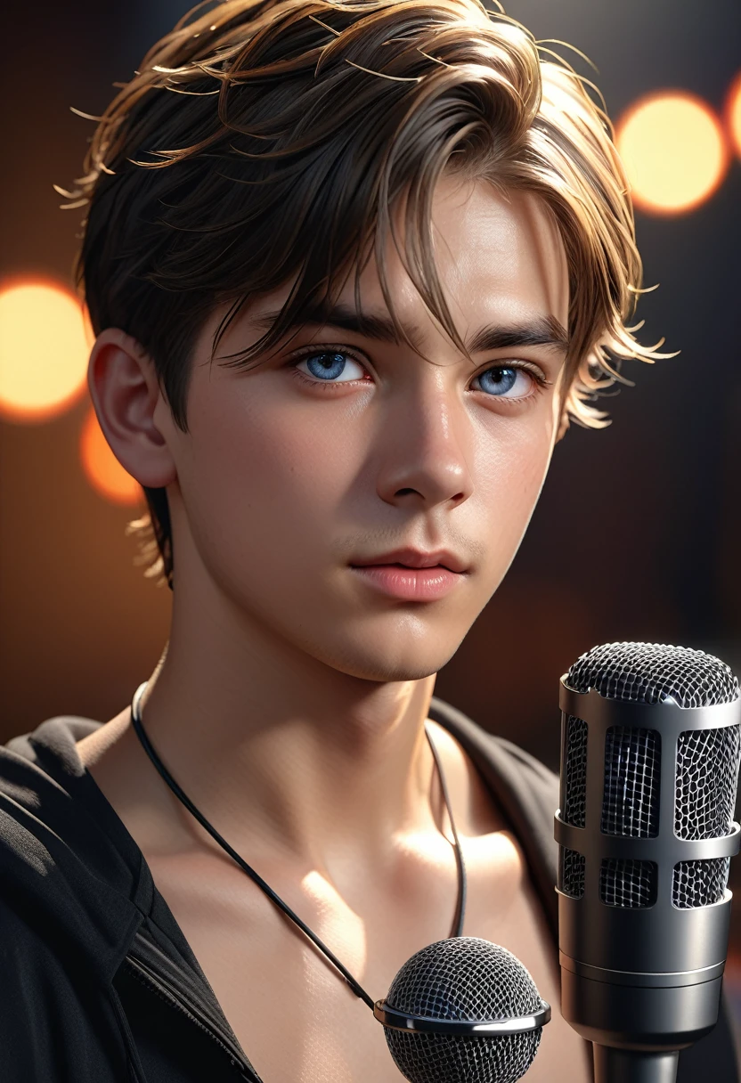 a handsome young boy facing the camera,half-naked upper body,beautiful detailed eyes,holding a microphone,black clothes,best quality,4k,8k,highres,masterpiece:1.2,ultra-detailed,realistic,photorealistic,photo-realistic:1.37,HDR,UHD,studio lighting,ultra-fine painting,sharp focus,physically-based rendering,extreme detail description,professional,vivid colors,bokeh,portrait