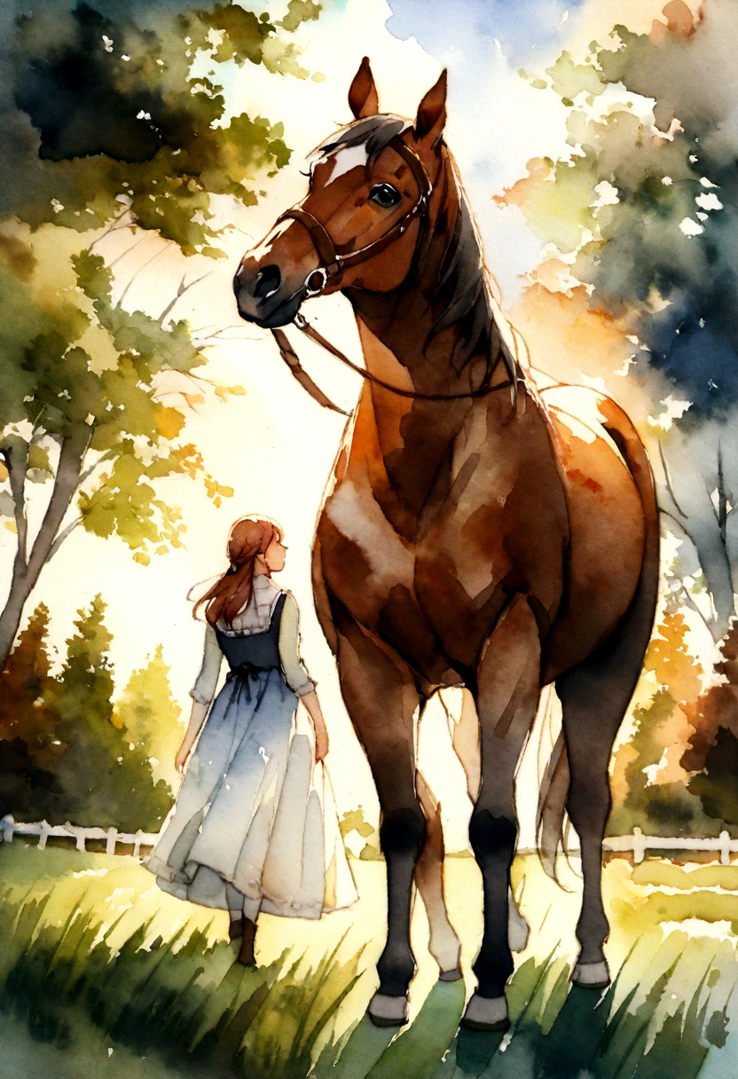 country estate in the field, trees, Horse, watercolor